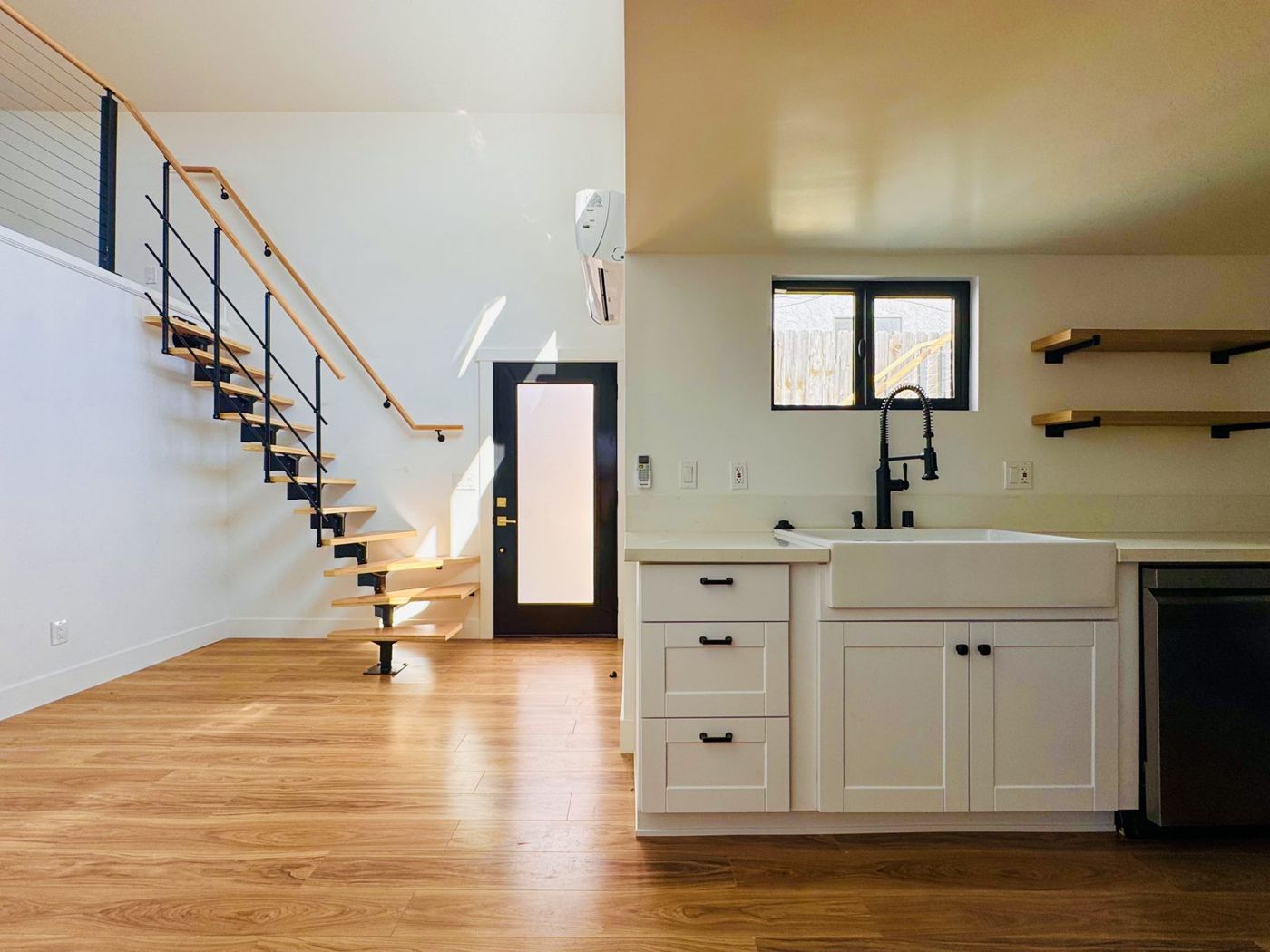 ADU kitchen, living and loft stair
