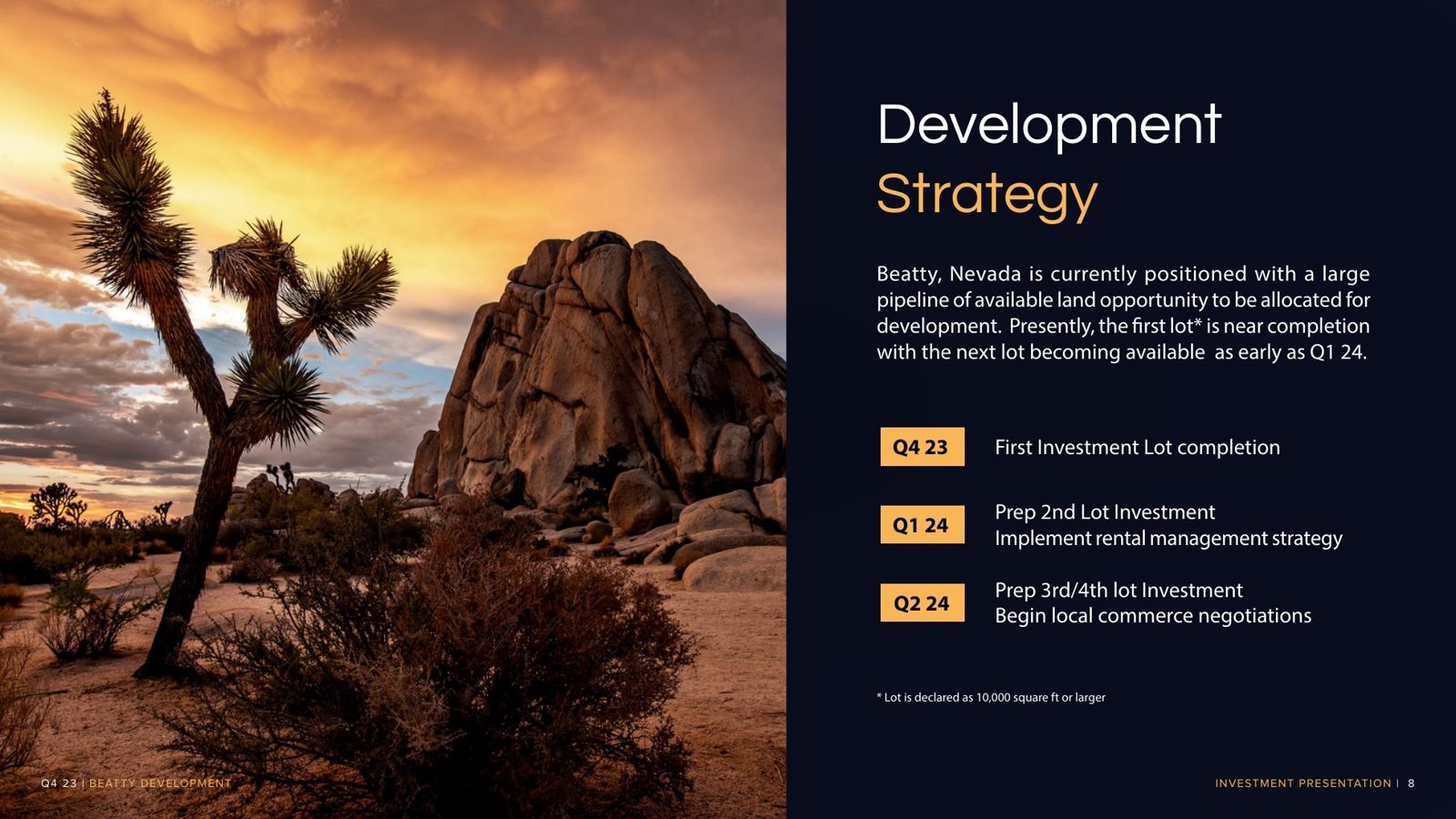 Deck page: Development Strategy, with the lot timeline