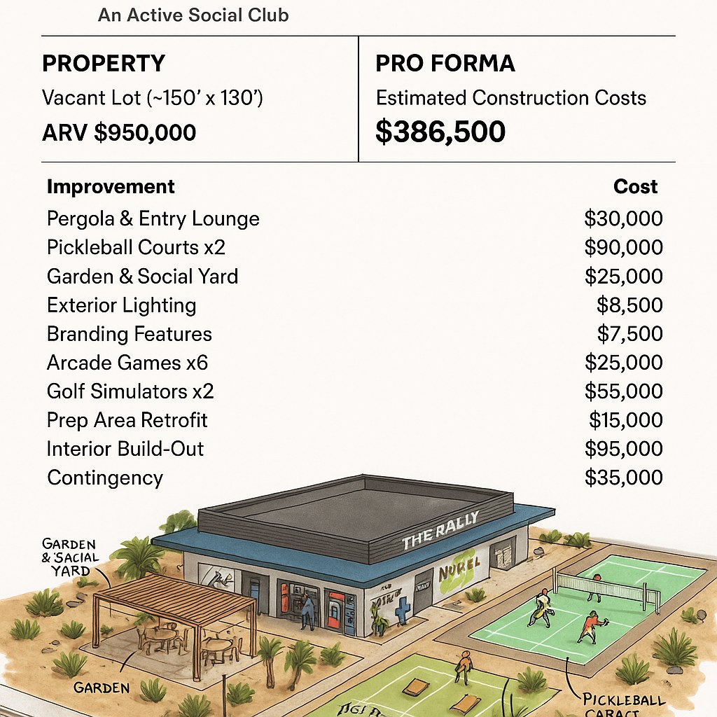 The Rally one-page pro forma and site sketch