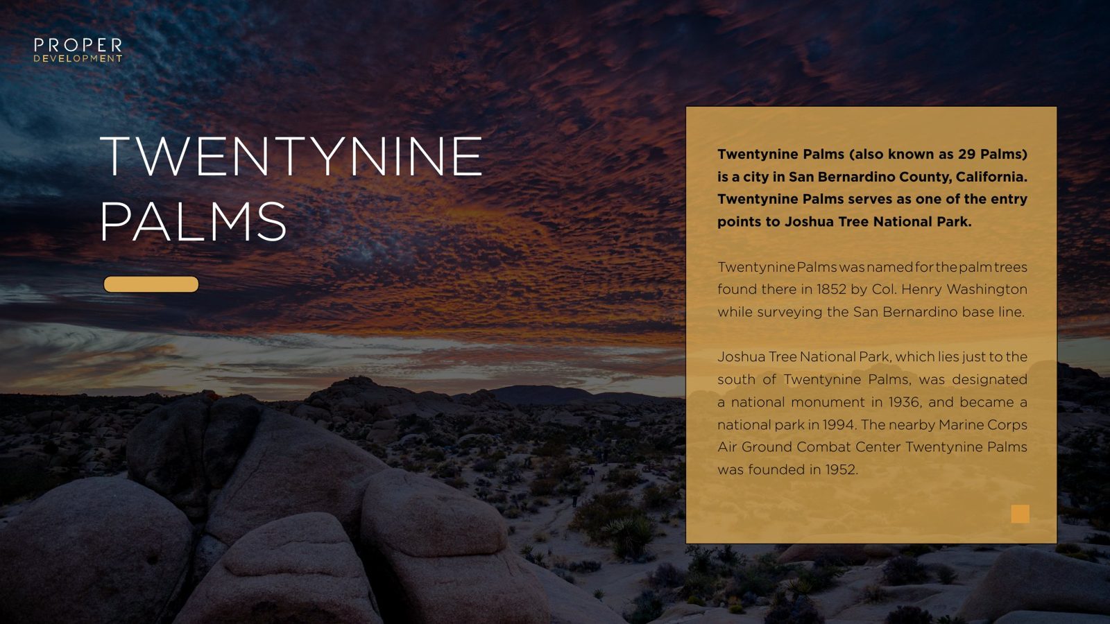 RV Park Estate listing deck: Twentynine Palms at dusk